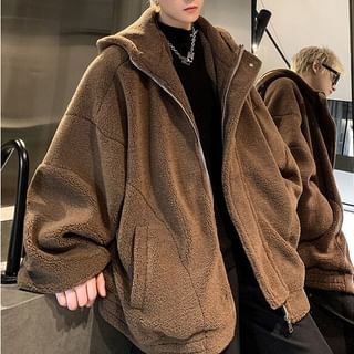 Orungeetun-Plain Hooded Zip-Up Fleece Jacket
