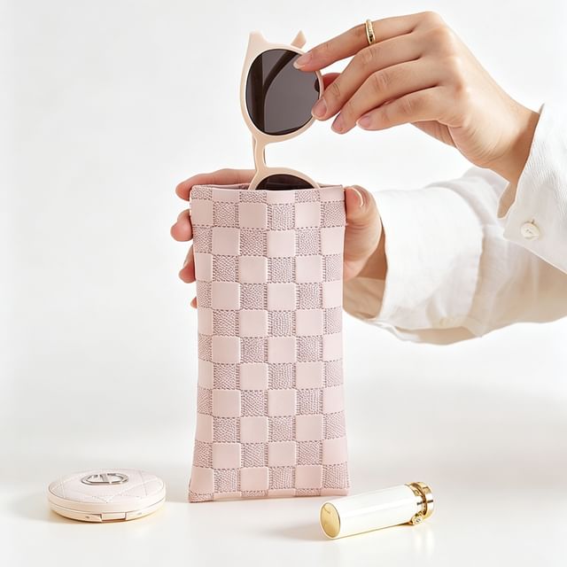 Masae-Checker Faux Leather Sunglasses Case Set