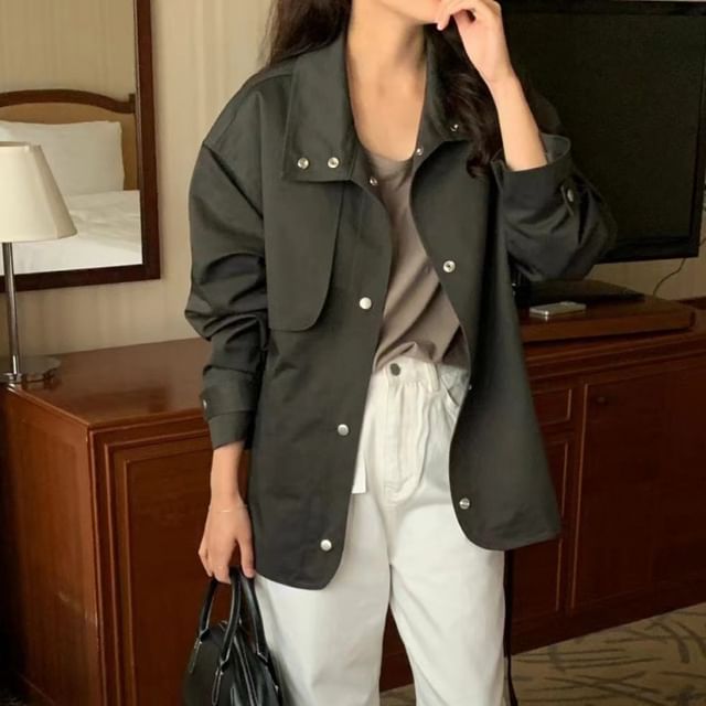 Jesong-Stand Collar Plain Panel Button Jacket