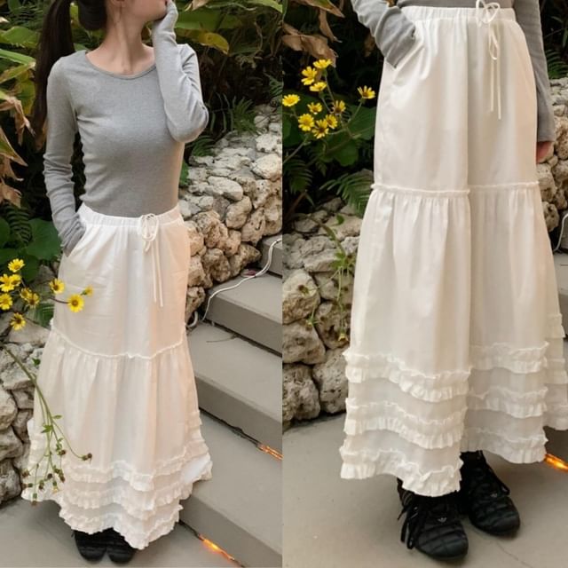 Tulstrix-Drawstring Waist Plain Ruffle Panel Maxi A-Line Skirt