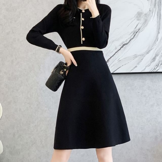 EFO - Long-Sleeve Henley Plain Knit A-Line Dress | YesStyle