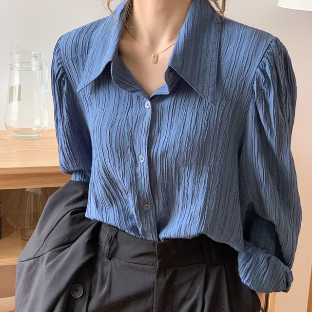 Happo-Long-Sleeve Collared Crinkle Button-Up Plain Blouse