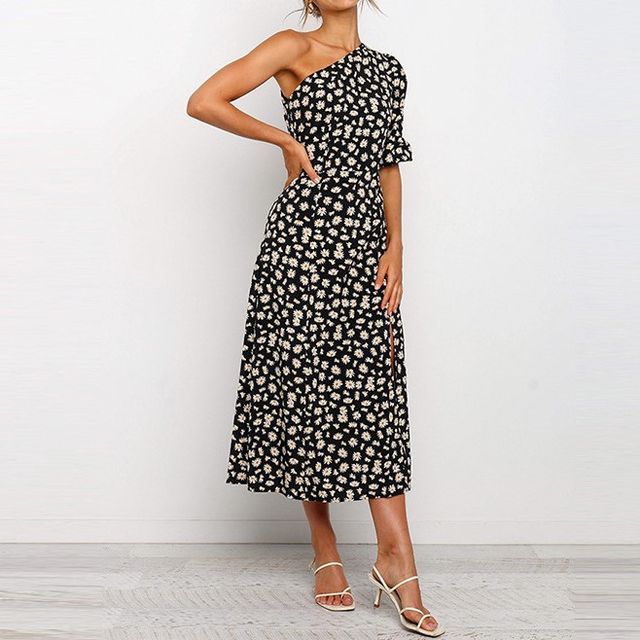 Silkstar - One-Shoulder Floral Print Midi A-Line Dress | YesStyle