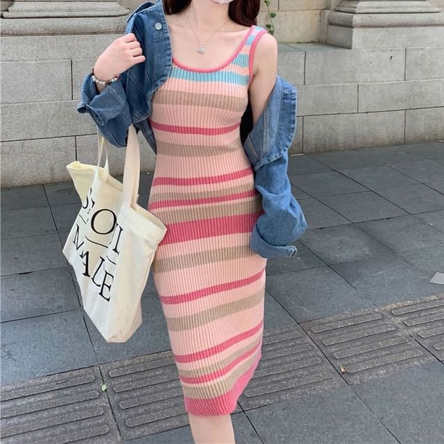 striped bodycon dress midi Women's Feeling Deeply Striped Bodycon Midi Dress in Taupe main image 0