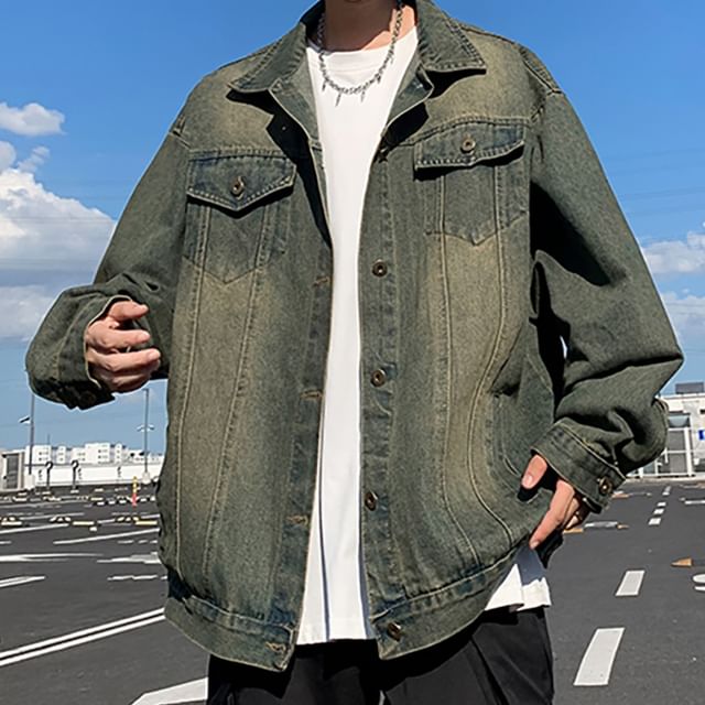 Antaeus-Collared Washed Button-Up Denim Jacket