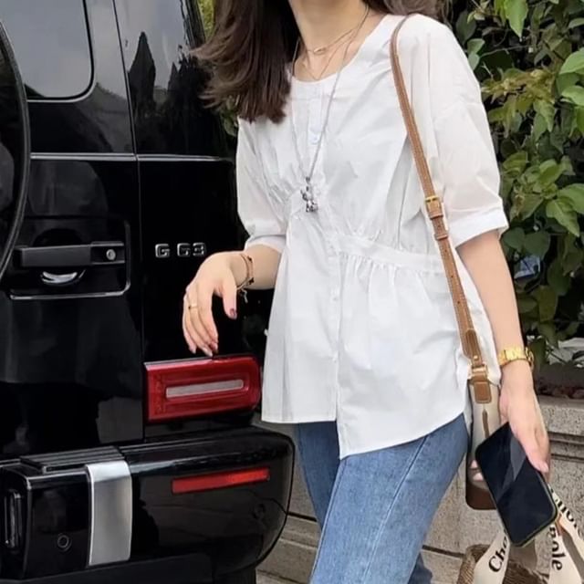 Happo-Elbow-Sleeve Plain Asymmetrical Blouse