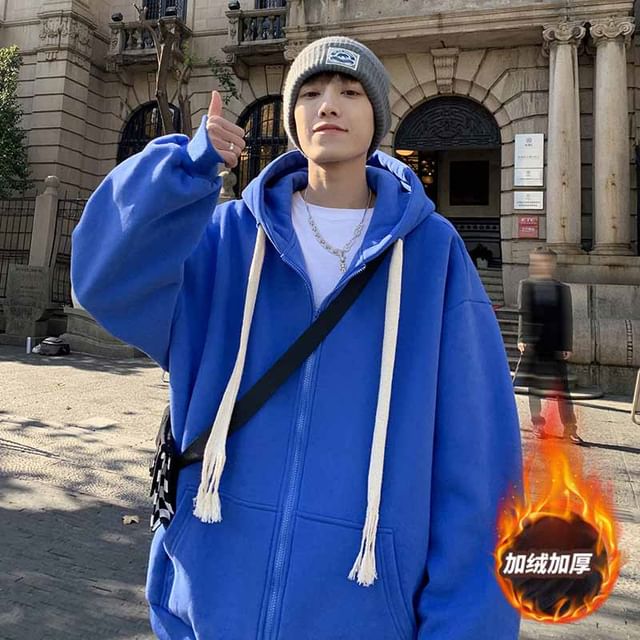 Wescosso-Plain Zip-Up Hoodie