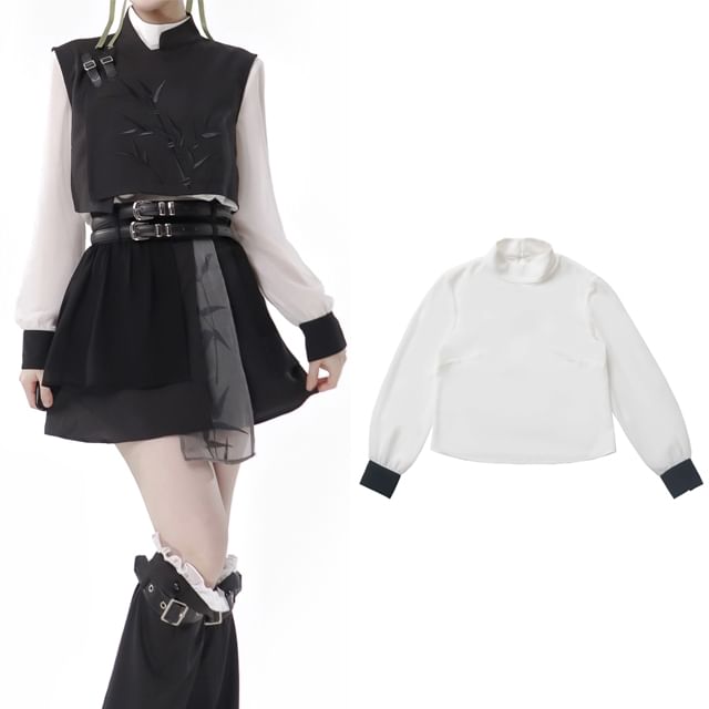 Florimi-Long-Sleeve Stand Collar Two Tone Blouse