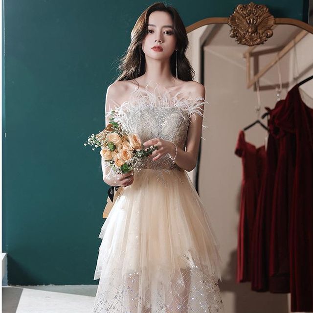 Saunderoll - Feather Trim Beaded Glitter Panel Mesh A-Line Tube Evening Gown | YesStyle Saunderoll - Feather Trim Beaded Glitter Panel Mesh A-Line Tube Evening Gown | YesStyle