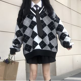Malnia Home - Argyle Sweater / Shirt / Pleated A-Line Skirt