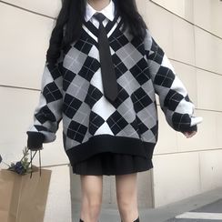 Malnia Home - Argyle Sweater / Long-Sleeve Shirt / Pleated A-Line Skirt Malnia Home - Argyle Sweater / Long-Sleeve Shirt / Pleated A-Line Skirt