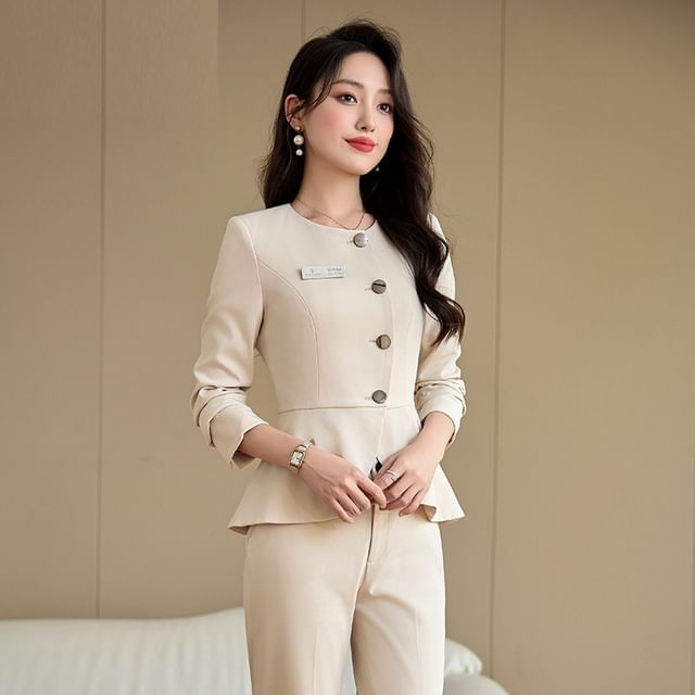 Skyheart-Plain Single-Breasted Ruffle Hem Blazer High Rise Straight Leg Slacks Set