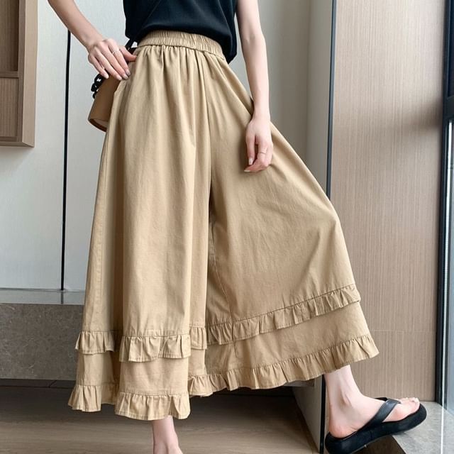 Sisyphi-Elastic Waist Plain Crop Wide Leg Pants