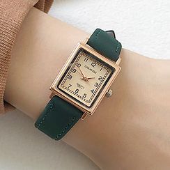 Momento(モメント) - Retro Rectangle Faux Leather Strap Watch