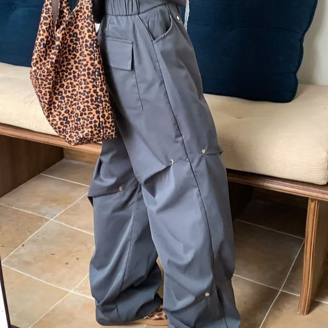 Beem-Mid Rise Plain Ruched Baggy Pants