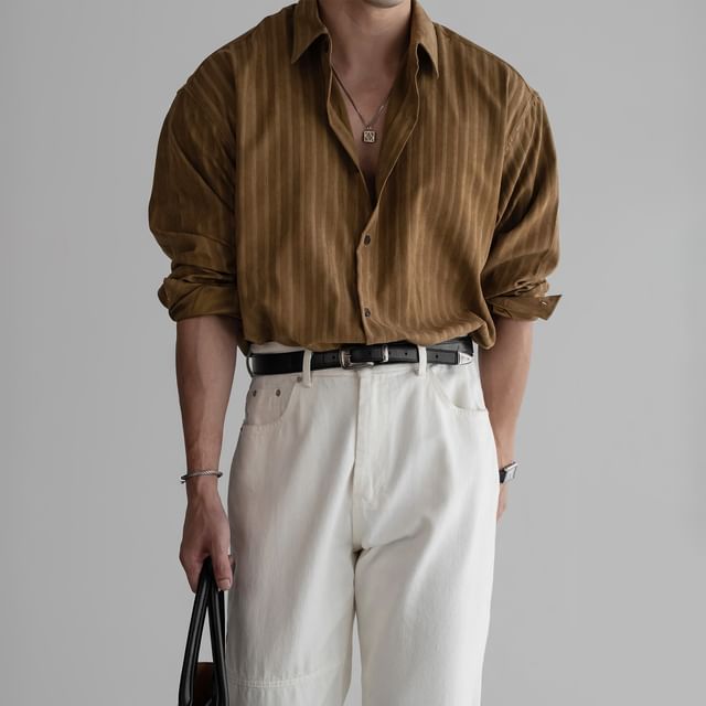 Okwano-Long Sleeve Collared Striped Shirt