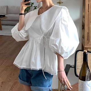 Coris-Puff-Sleeve Plain Lace Trim Collared Tie-Side Blouse