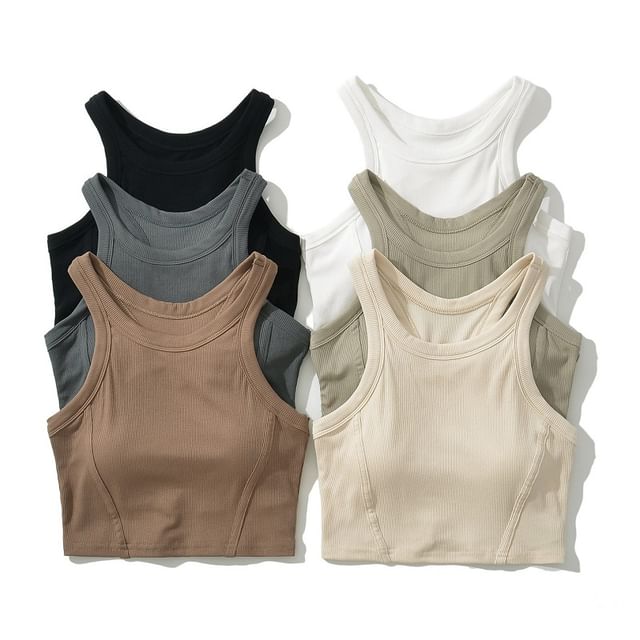 Faiar-Crew Neck Plain Ribbed Padded Crop Tank Top
