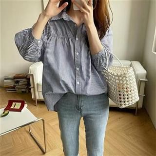 Everose-34-Sleeve Collared Striped Button-Up Blouse