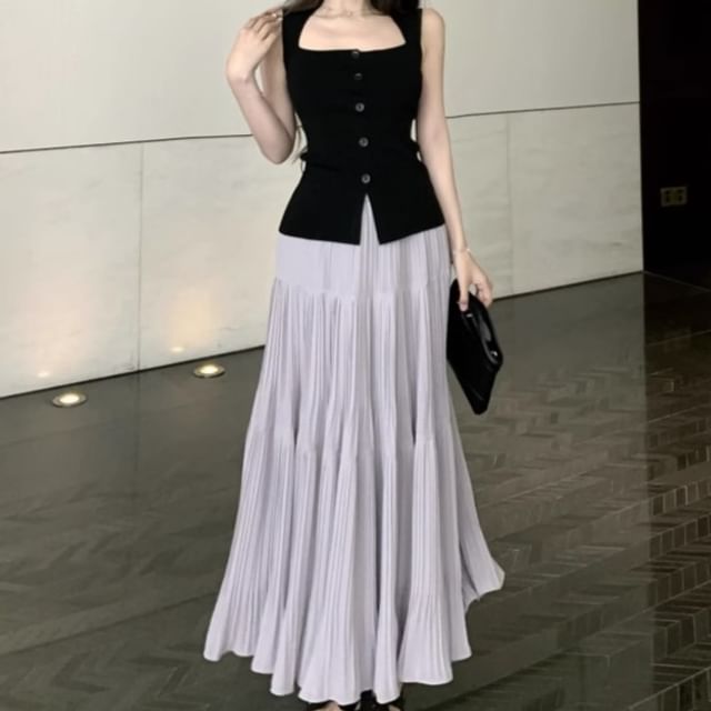Trendycas-Sleeveless Square Neck Plain Button Top High Waist Plain Pleated Tiered Maxi A-Line Skirt
