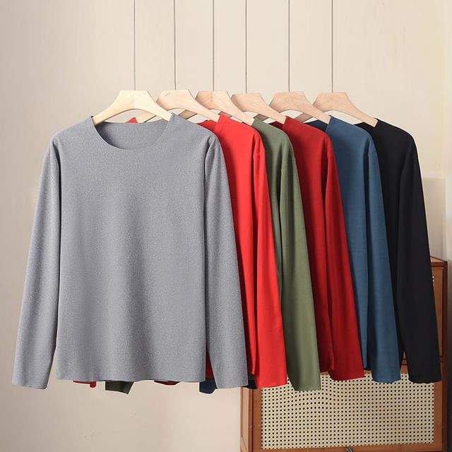 KUMI-Long-Sleeve Crewneck Plain Top