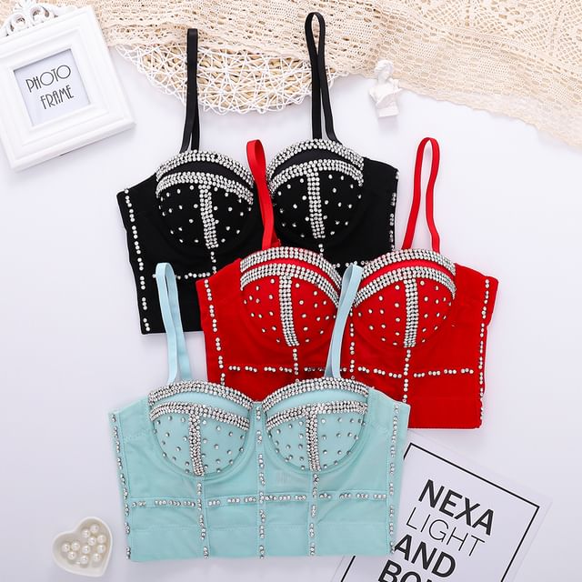Doowex-Plain Rhinestone Bustier Top