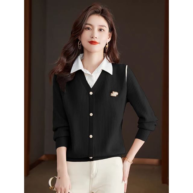 Jeonseon-Mock Two-Piece Long-Sleeve Collared Plain Knit Top