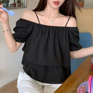Allinya-Cold-Shoulder Puff-Sleeve Plain Blouse