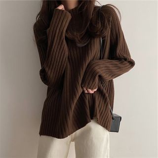 Shinsei - Mock-Neck Ribbed Knit Sweater