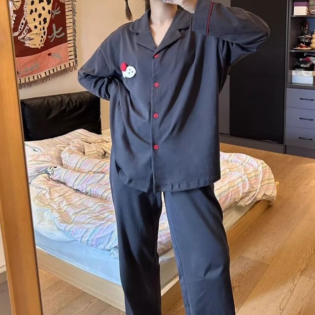 GOUB-Pajama Set Long-Sleeve Plain Button-Up Shirt Pants