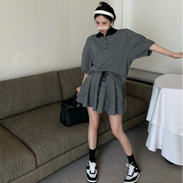 Oversized Colorblock Polo Shirt / Layered High-Waist Mini Skirt