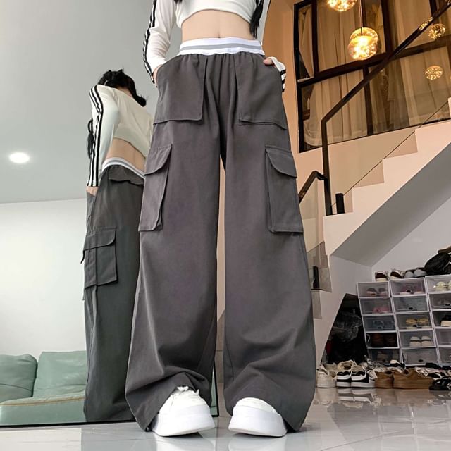 Kenning-Mid Waist Striped Baggy Cargo Pants