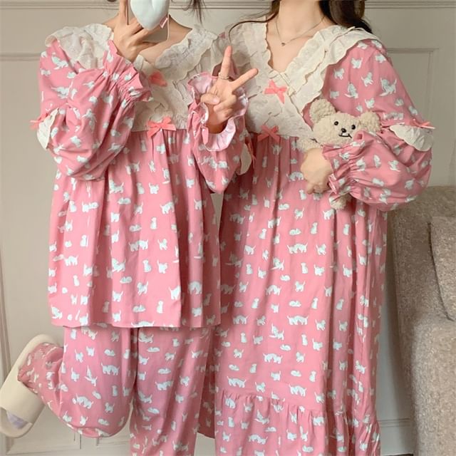 Cat YesStyle Dress / Lace / | Pajama Pajama Pants Top Set - Print Long-Sleeve / Noviril Trim