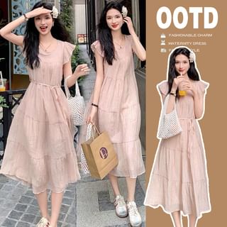 Rosy Street Maternity Cap-Sleeve Scoop Neck Plain Midi Sundress Sale