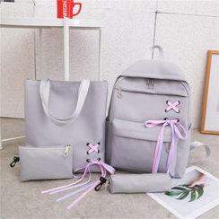 AIQER - Set: Lace-Up Canvas Backpack + Tote Bag + Pouch + Pencil Case AIQER - Set: Lace-Up Canvas Backpack + Tote Bag + Pouch + Pencil Case