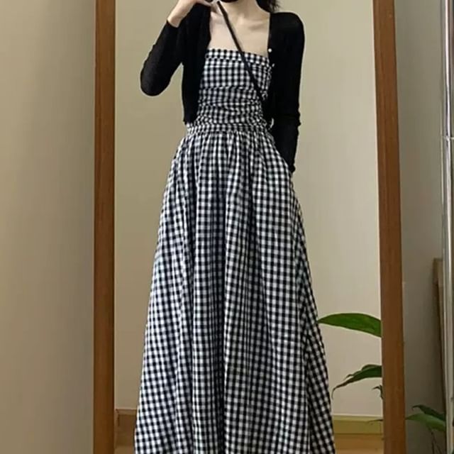 Whoosh - Strapless Plaid Midi A-Line Dress / Plain Crop Cardigan