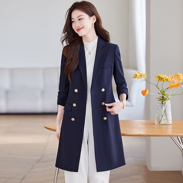 Skyheart-Peak Lapel Plain Midi Double-Breasted Jacket