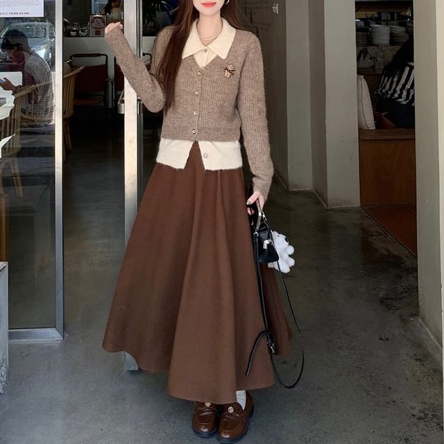Joyciful-Collared Mock Two Piece Cardigan High Rise Plain Maxi A-Line Skirt