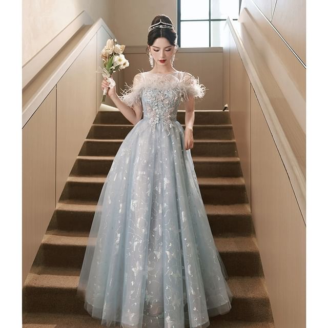 sachin and babi light blue dress Yoanva - Cold-Shoulder Butterfly Print Fluffy Trim A-Line Evening Gown