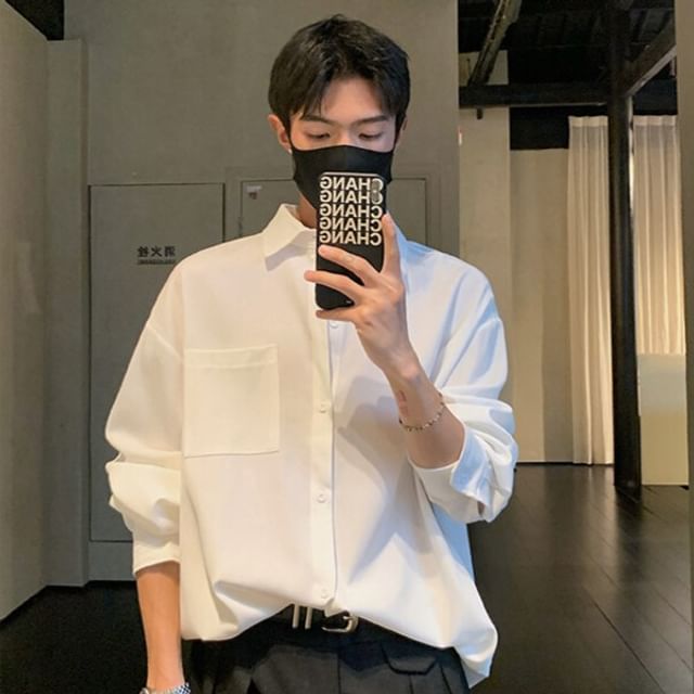 Vernanah-Long-Sleeve Button-Up Plain Shirt