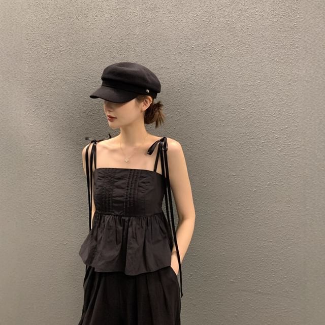 Tulstrix-Plain Pintuck Open Back Flowy Crop Camisole Top
