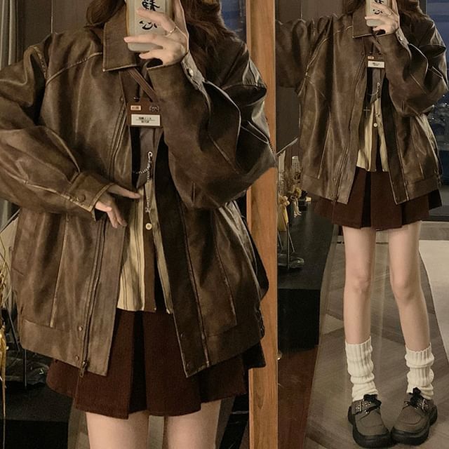 Dute-Collared Faux Leather Zip-Up Jacket