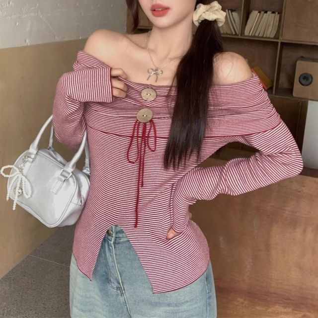 Allinya-Long-Sleeve Off-Shoulder Button Slit Knit Top