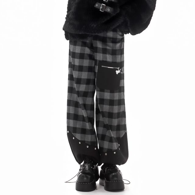Florimi-Drawstring Waist Plaid Panel Baggy Cargo Pants