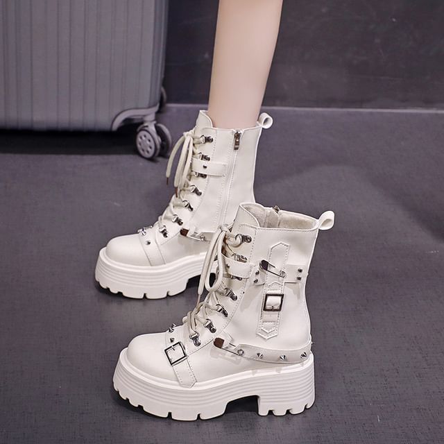 Sleeko - Faux Leather Platform Chunky Heel Buckled Lace-Up Short Boots ...