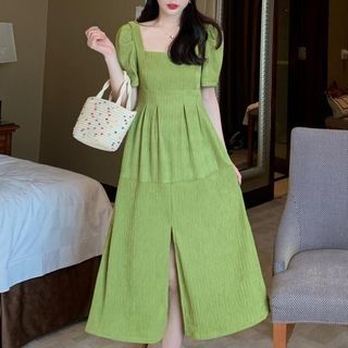 Sancus - Puff-Sleeve Square-Neck Midi A-Line Dress | YesStyle