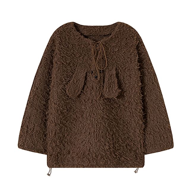 SPUCIKLEI-Crew Neck Plain Drawstring Lace Up Sweater