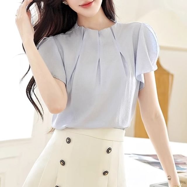 Dragan Pulse-Short-Sleeve Round Neck Plain Pleated Blouse