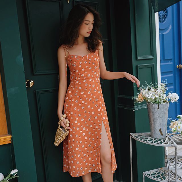 Lydiah-Spaghetti Strap Floral Print Slit Midi Sundress Plain Shirt Jacket
