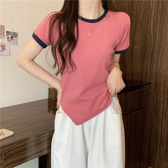 Hevnir-Short-Sleeve Crew Neck Plain Contrast Trim Asymmetrical Tee